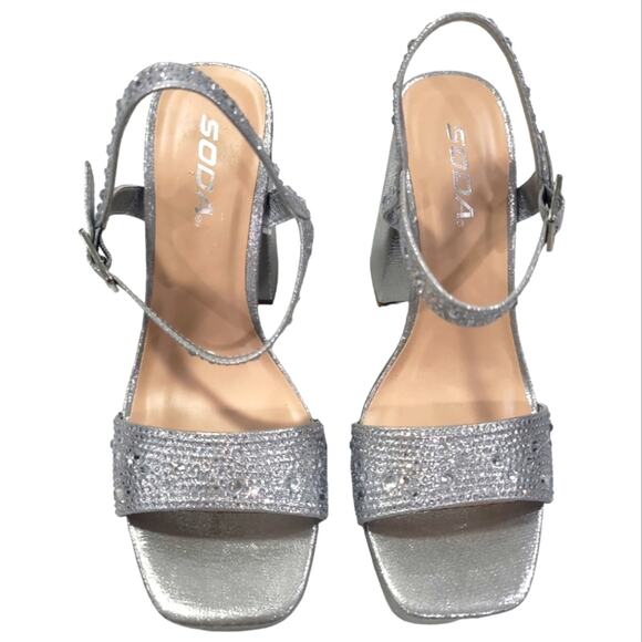 Silver Rhinestone Studded Platform Strappy Heels - Picture 2 of 7